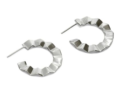 Pair of silver hoop earrings with geometric design on a white background