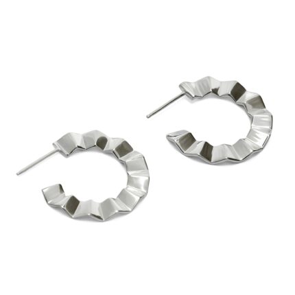 Pair of silver hoop earrings with geometric design on a white background