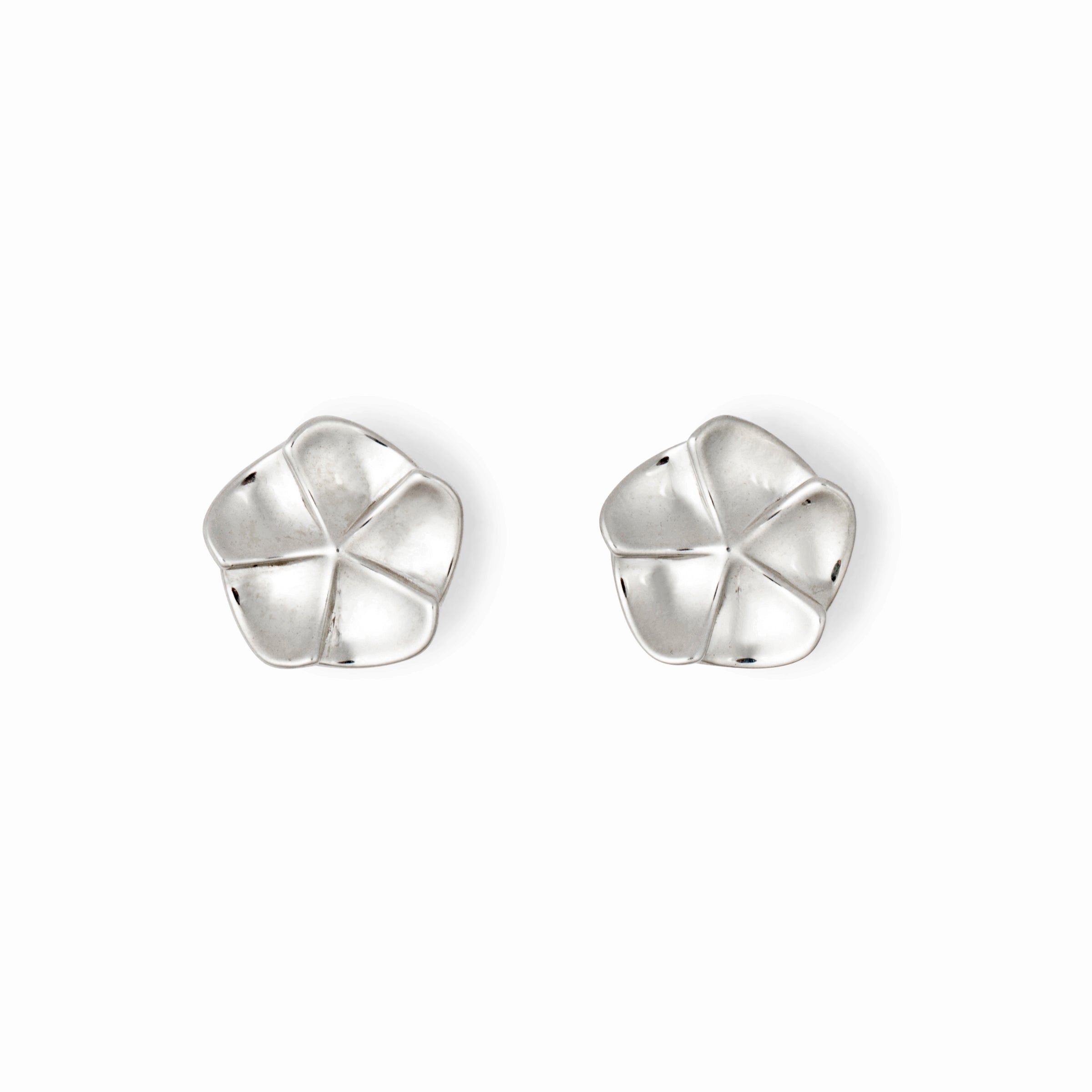 A pair of silver floral design earrings with a post-backing, inspired by flower petals.
