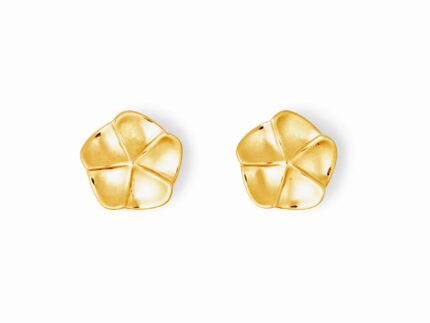 Gold geometric floral earrings on a white background