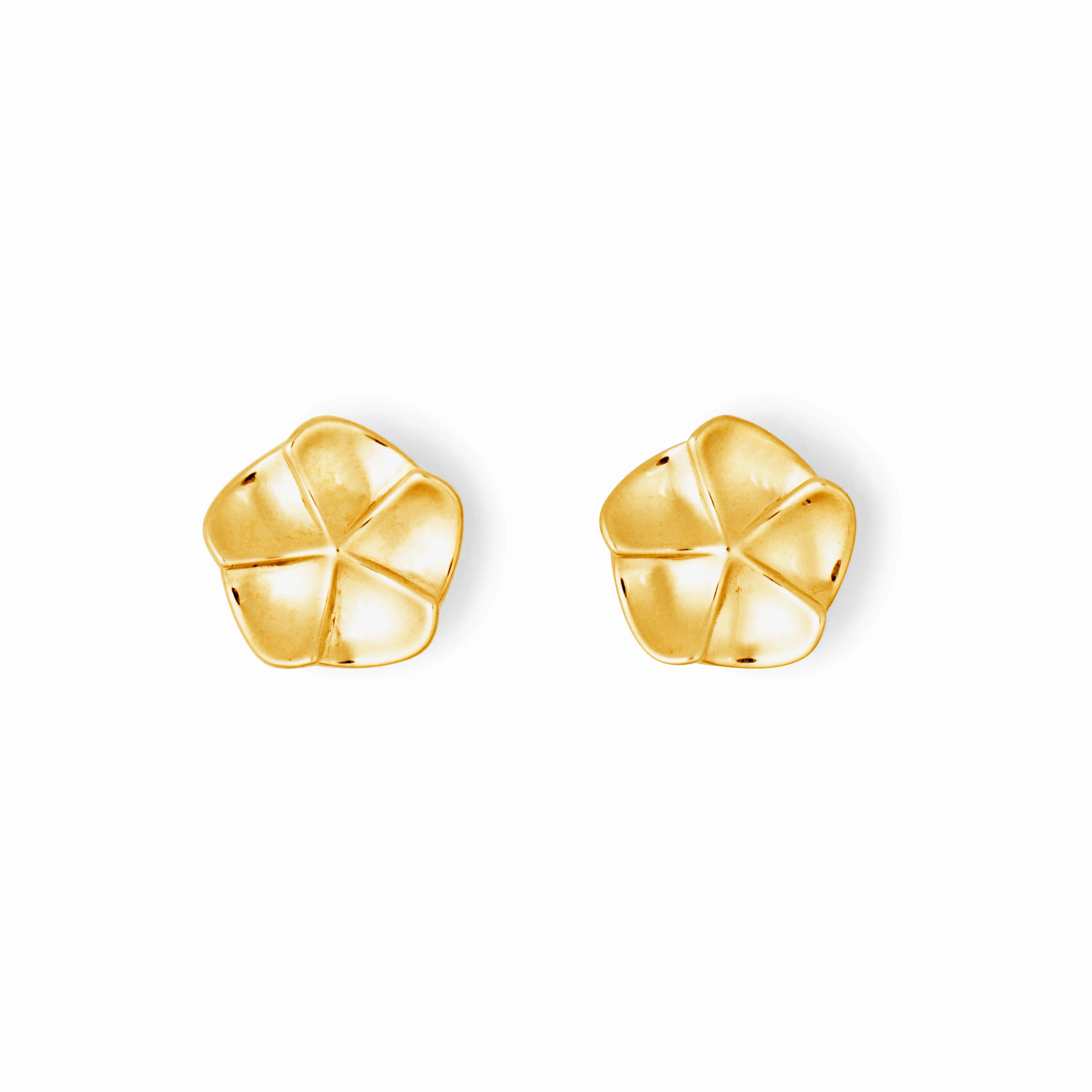 Gold geometric floral earrings on a white background