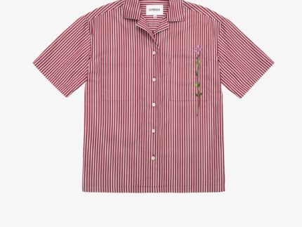 Frances unisex Cuban shirt in berry red stripe surplus cotton with embroidered flower chest pocket, made in London by Saywood