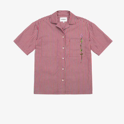 Frances unisex Cuban shirt in berry red stripe surplus cotton with embroidered flower chest pocket, made in London by Saywood