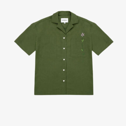 Frances unisex Cuban shirt in rich olive green surplus fabric with embroidered flower chest pocket, made in London by Saywood