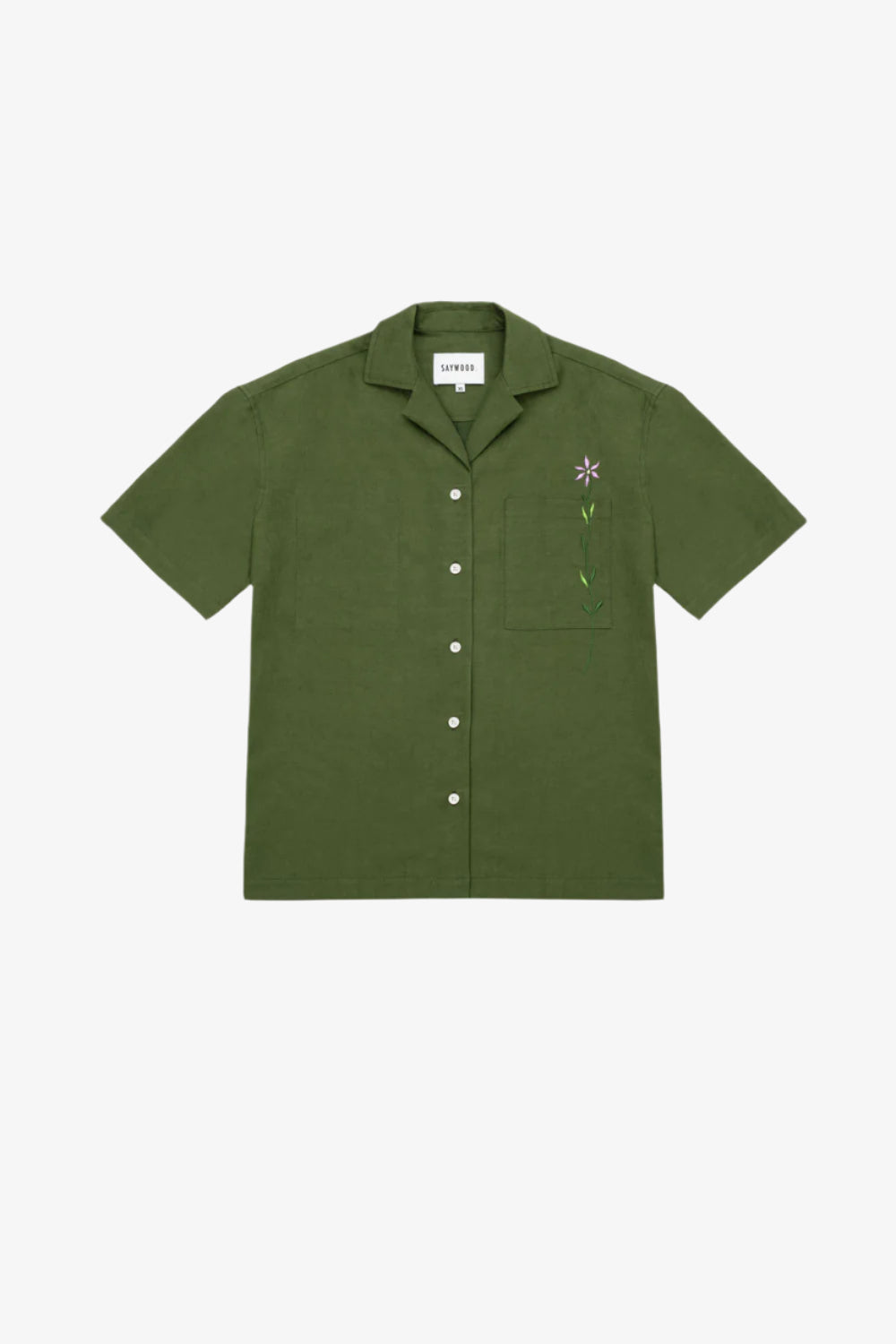 Frances unisex Cuban shirt in rich olive green surplus fabric with embroidered flower chest pocket, made in London by Saywood