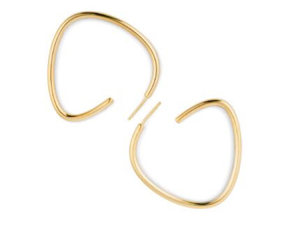 A pair of gold-colored curved hoop earrings against a white background.