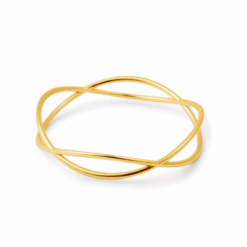 A gold-colored bracelet with a curving wave design, displayed against a white background