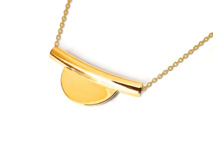 Gold necklace with a half-circle pendant on a white background