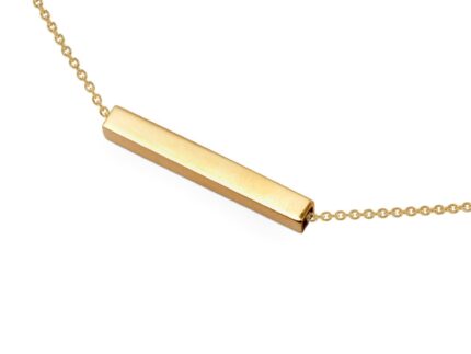 Gold necklace with a horizontal bar pendant on a white background