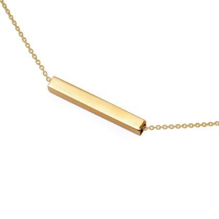 Gold necklace with a horizontal bar pendant on a white background