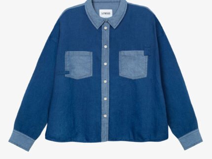 Lela patchwork boxy shirt in indigo Japanese denim, flat lay