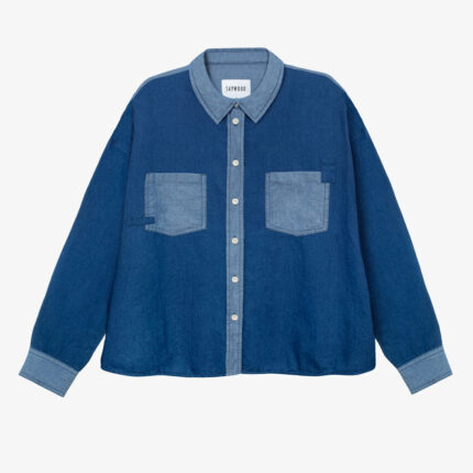 Lela patchwork boxy shirt in indigo Japanese denim, flat lay