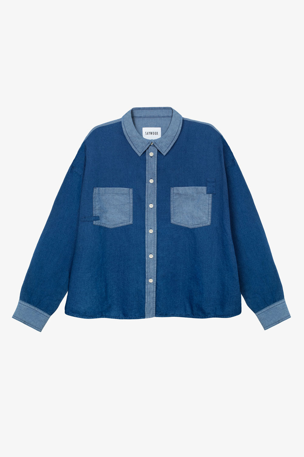 Lela patchwork boxy shirt in indigo Japanese denim, flat lay