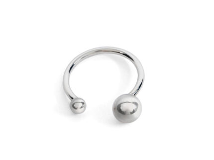 A silver ring with two orbs, one larger and one smaller, against a white background.