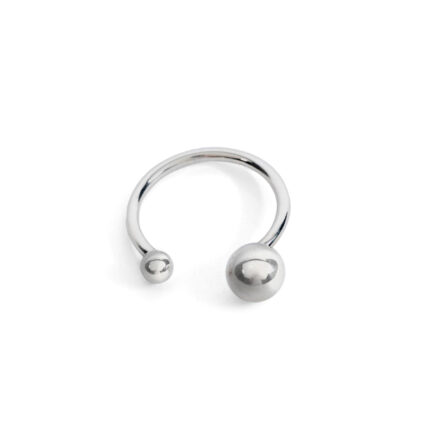 A silver ring with two orbs, one larger and one smaller, against a white background.