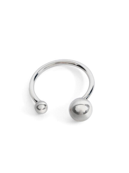 A silver ring with two orbs, one larger and one smaller, against a white background.
