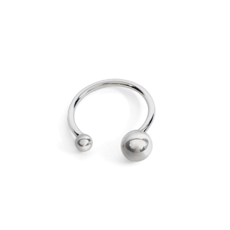 A silver ring with two orbs, one larger and one smaller, against a white background.