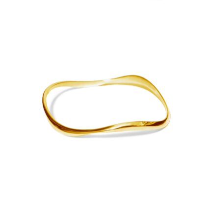 Gold bracelet with a wavy design on a white background
