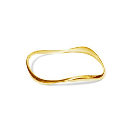 Gold bracelet with a wavy design on a white background
