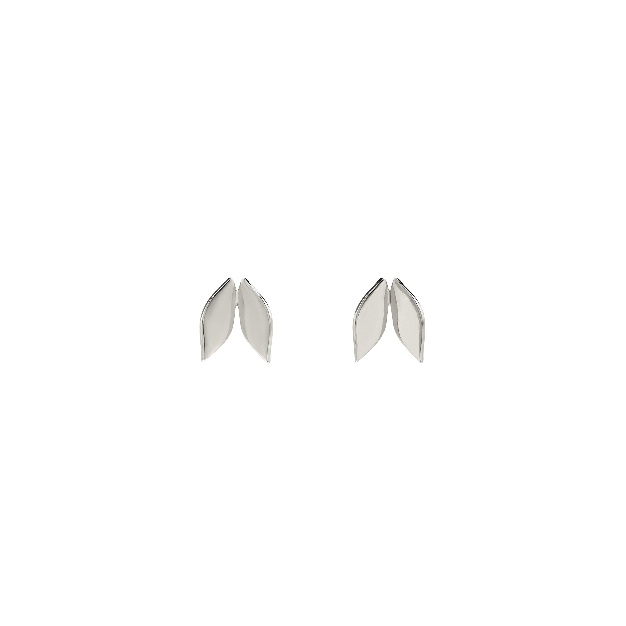 Pair of silver leaf-shaped earrings on a white background