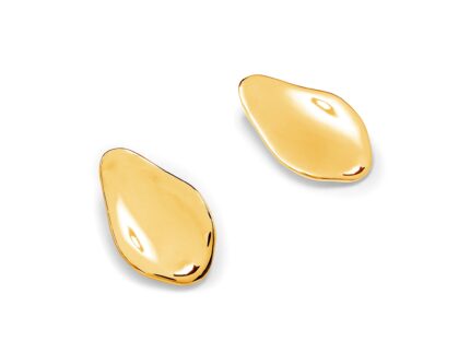 A pair of gold-colored earrings designed in the shape of petals, with a smooth surface reflecting light.