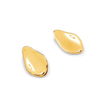 A pair of gold-colored earrings designed in the shape of petals, with a smooth surface reflecting light.