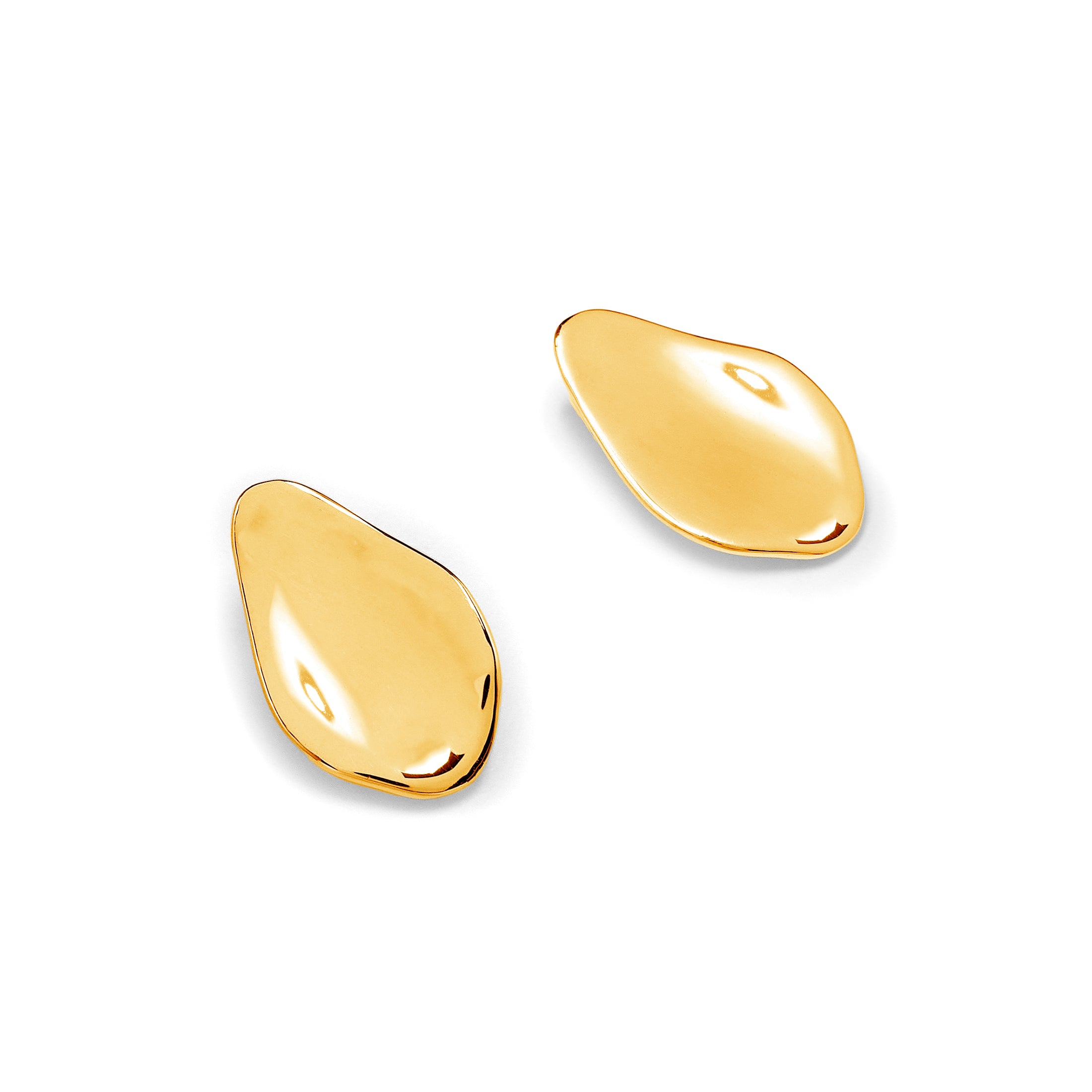 A pair of gold-colored earrings designed in the shape of petals, with a smooth surface reflecting light.