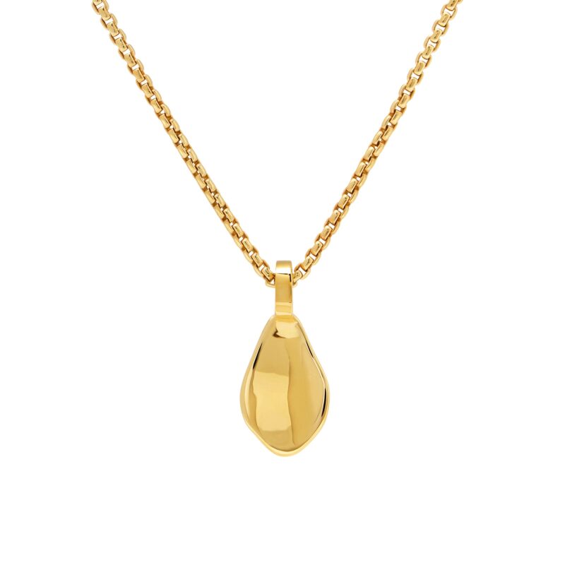 Gold petal pendant necklace on a white background