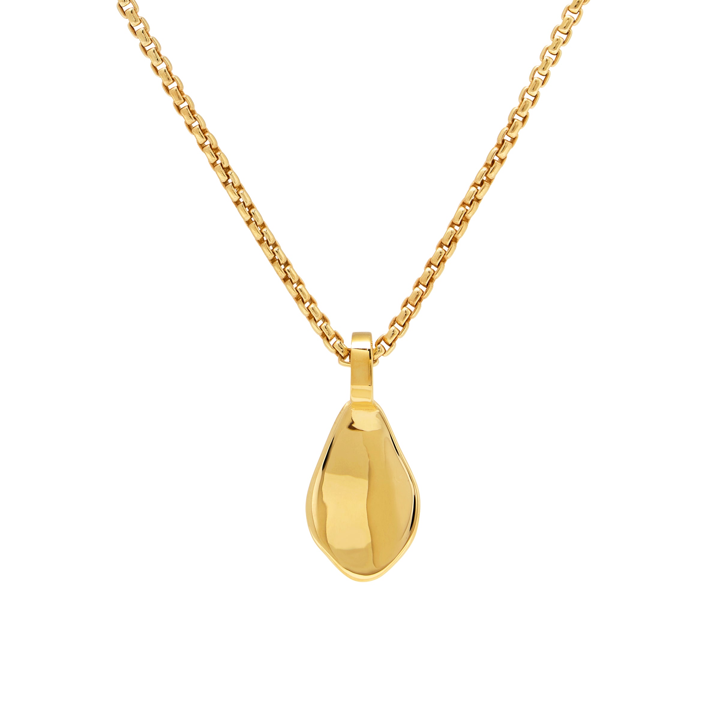 Gold petal pendant necklace on a white background