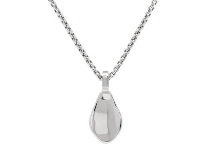 Silver leaf pendant on a chain against a white background