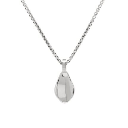Silver leaf pendant on a chain against a white background