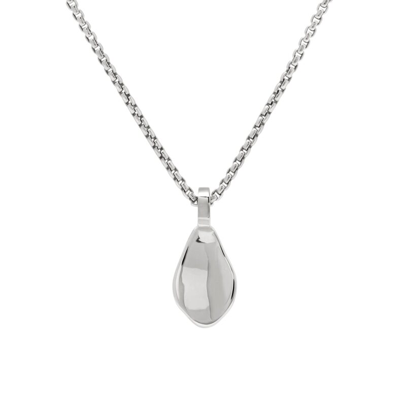 Silver leaf pendant on a chain against a white background
