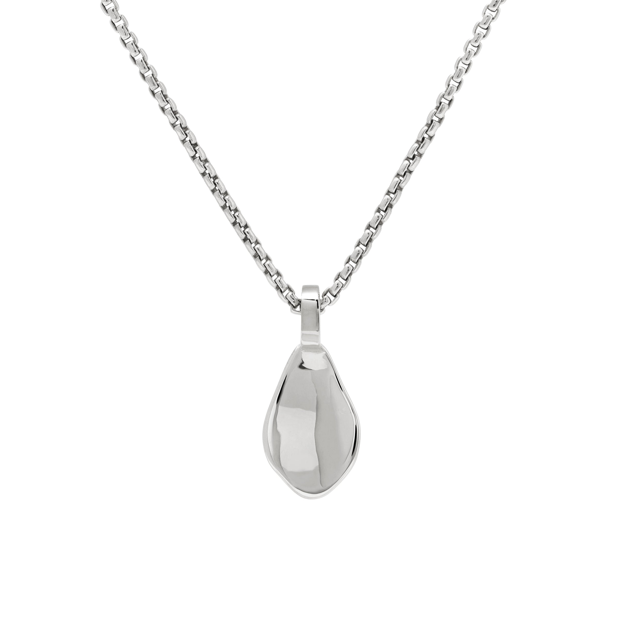 Silver leaf pendant on a chain against a white background