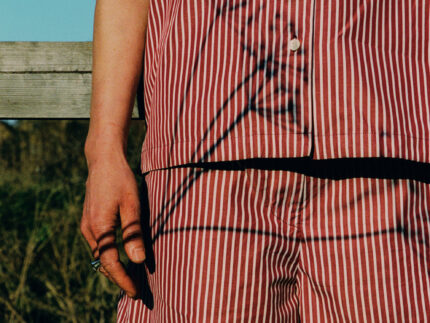 Frances berry red stripe Cuban shirt twin set with Bessie shorts, unisex sustainable luxury by Saywood