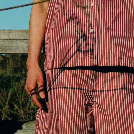 Frances berry red stripe Cuban shirt twin set with Bessie shorts, unisex sustainable luxury by Saywood