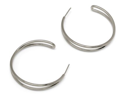 Pair of silver hoop earrings on a white background