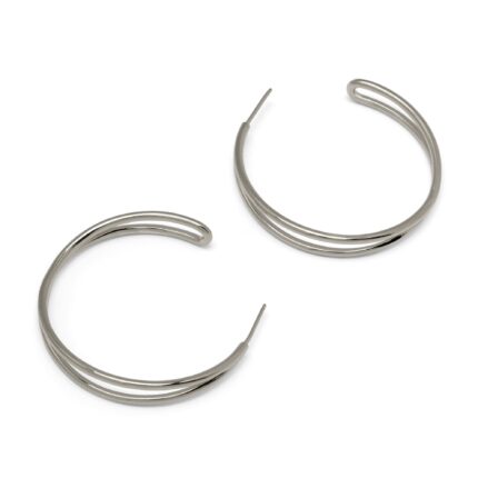 Pair of silver hoop earrings on a white background