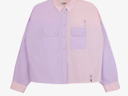 Jules utility shirt in pink lilac patchwork cotton with embroidered flower detail and boxy fit by Saywood