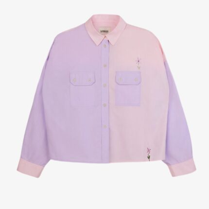 Jules utility shirt in pink lilac patchwork cotton with embroidered flower detail and boxy fit by Saywood
