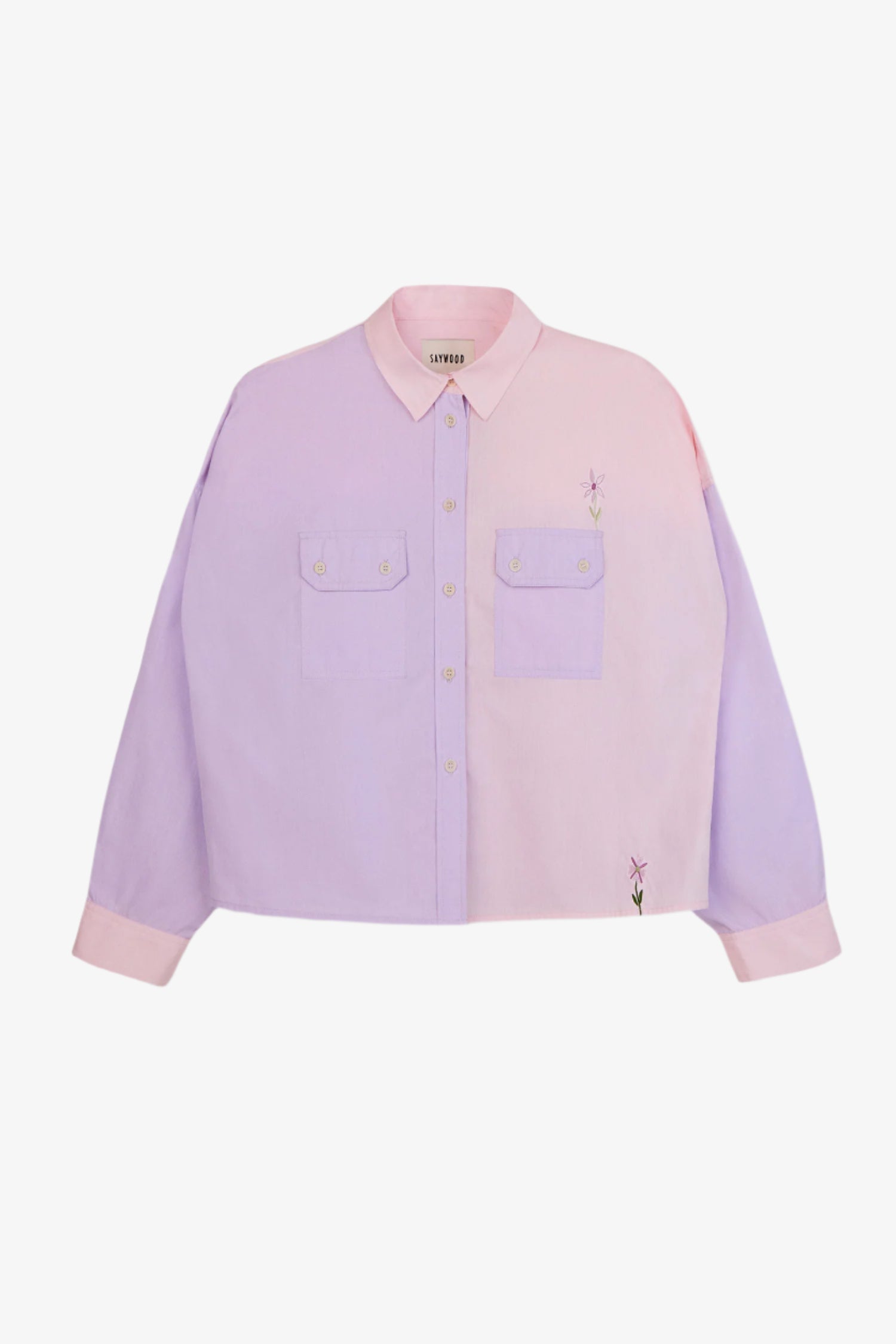 Jules utility shirt in pink lilac patchwork cotton with embroidered flower detail and boxy fit by Saywood