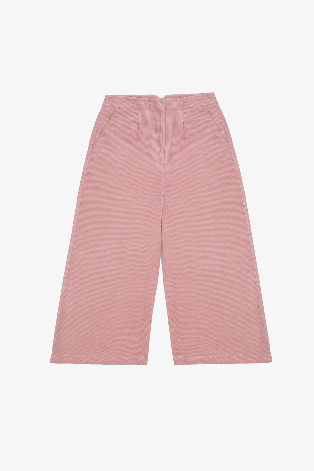 Saywood-Amelia-Wide-Leg-Trousers-Pink-Corduroy-www.saywoodstudio.co.uk Pink cotton corduroy Amelia Wide Leg Culotte Trousers by Saywood. Made in London, England.