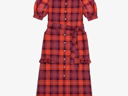 Red coral tartan Rosa Puff Sleeve Shirtdress by Saywood. Made in London, England.