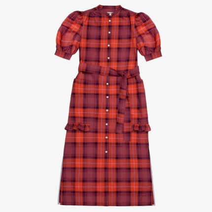 Red coral tartan Rosa Puff Sleeve Shirtdress by Saywood. Made in London, England.