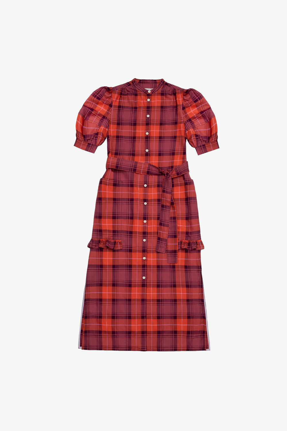 Saywood-Womens-Rosa-Puff-Sleeve-Shirtdress-Coral-Tartan-www.saywoodstudio.co.uk Red coral tartan Rosa Puff Sleeve Shirtdress by Saywood. Made in London, England.