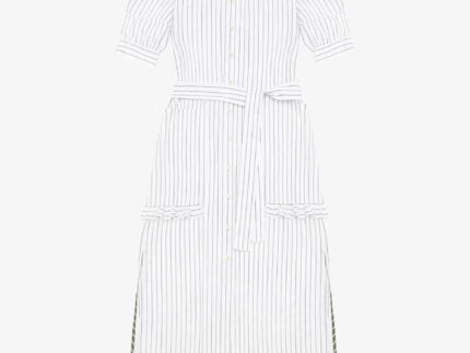 White cotton pinstripe Rosa Puff Sleeve Shirtdress by Saywood. Made in London, England.