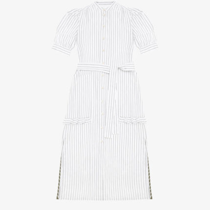 White cotton pinstripe Rosa Puff Sleeve Shirtdress by Saywood. Made in London, England.