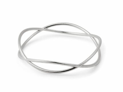 A silver-colored bracelet with a curving wave design, displayed against a white background