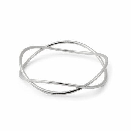 A silver-colored bracelet with a curving wave design, displayed against a white background