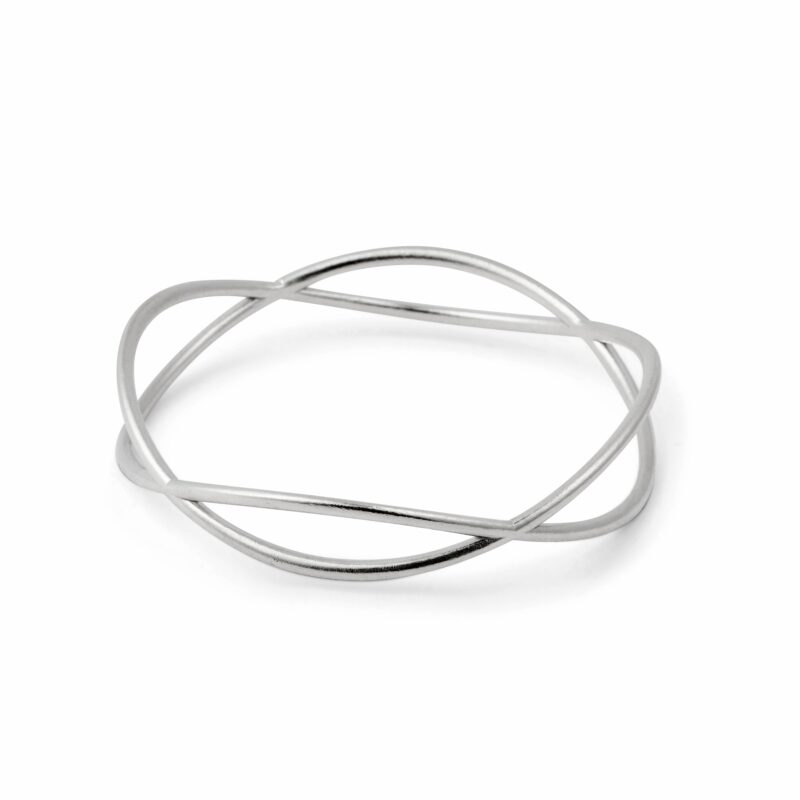 A silver-colored bracelet with a curving wave design, displayed against a white background