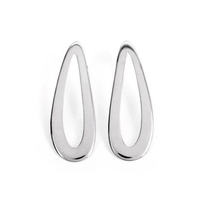 A pair of silver-colored curved drop hoop earrings on a white background